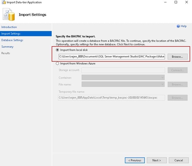 Import Data-tier Application ウィザードの概要ページ