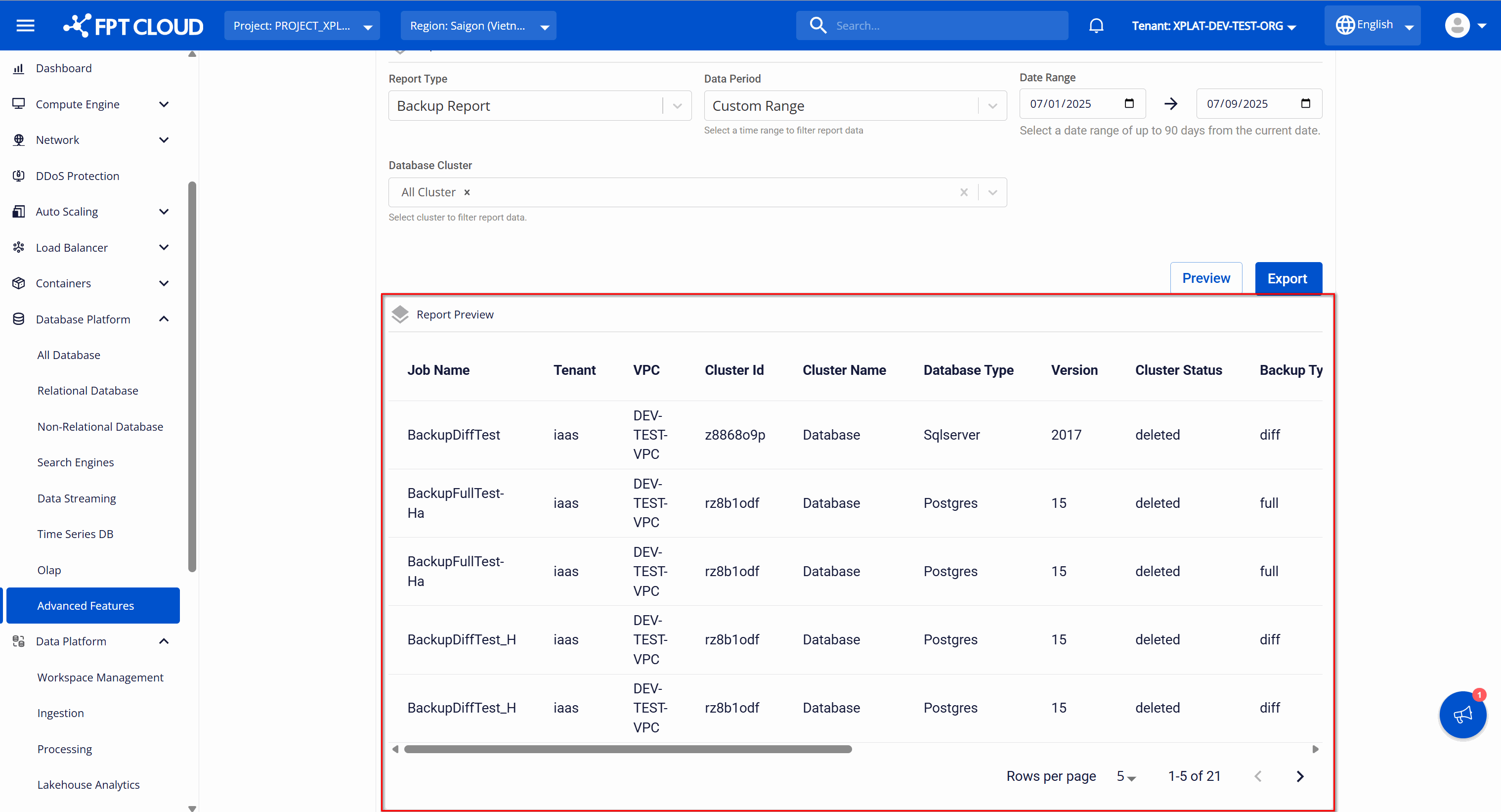 backup の実行を表示しているレポートのプレビュー