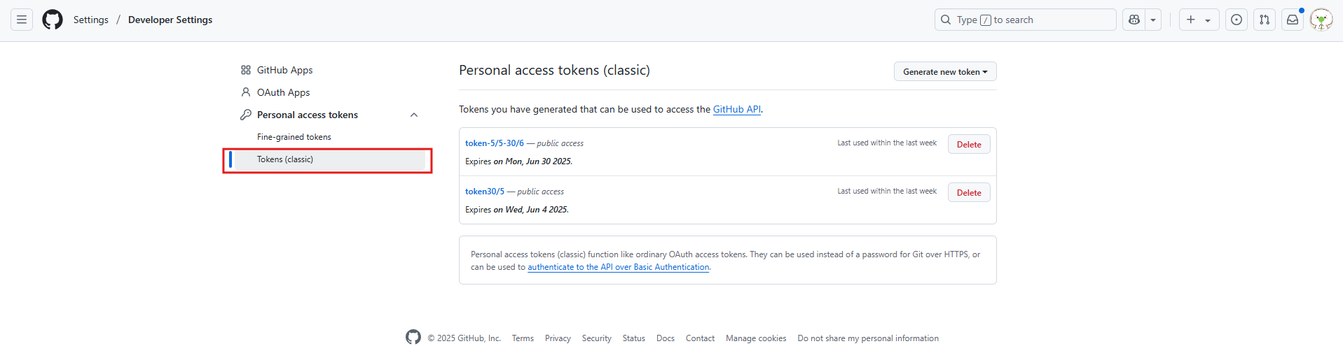 GitHub — Tokens (classic)を選択