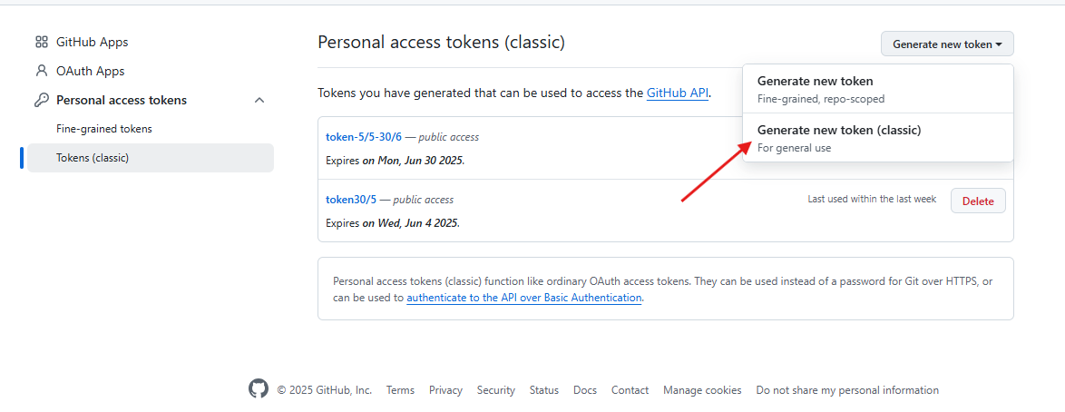 GitHub — Generate new token