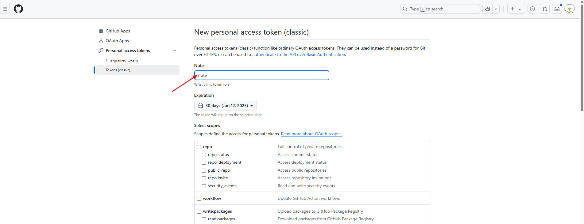 GitHub — Noteを入力しrepoスコープを選択