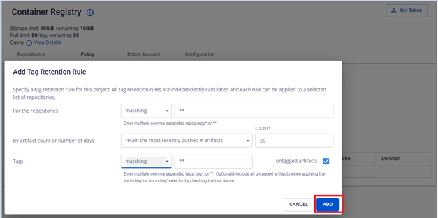 retention rule を保存する Add ボタン