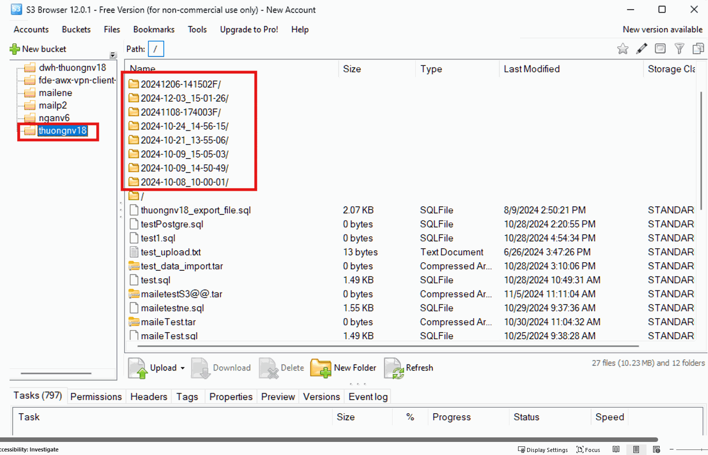 転送された backup ファイルを表示している S3 Browser