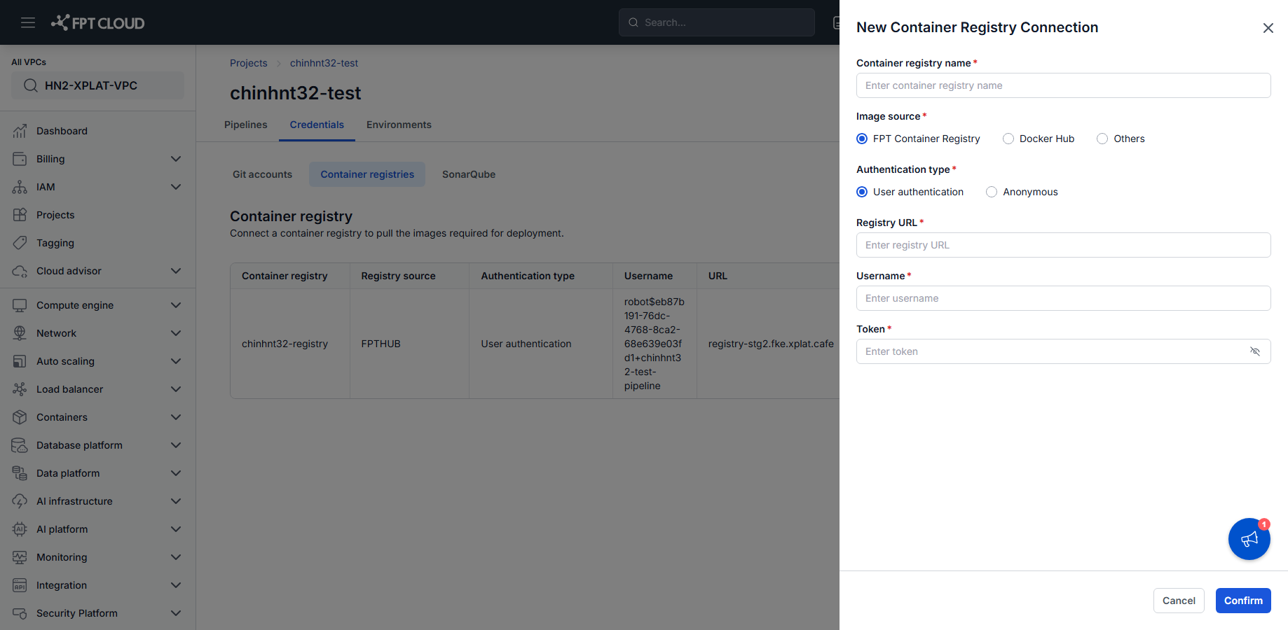 New Container Registry Connection form