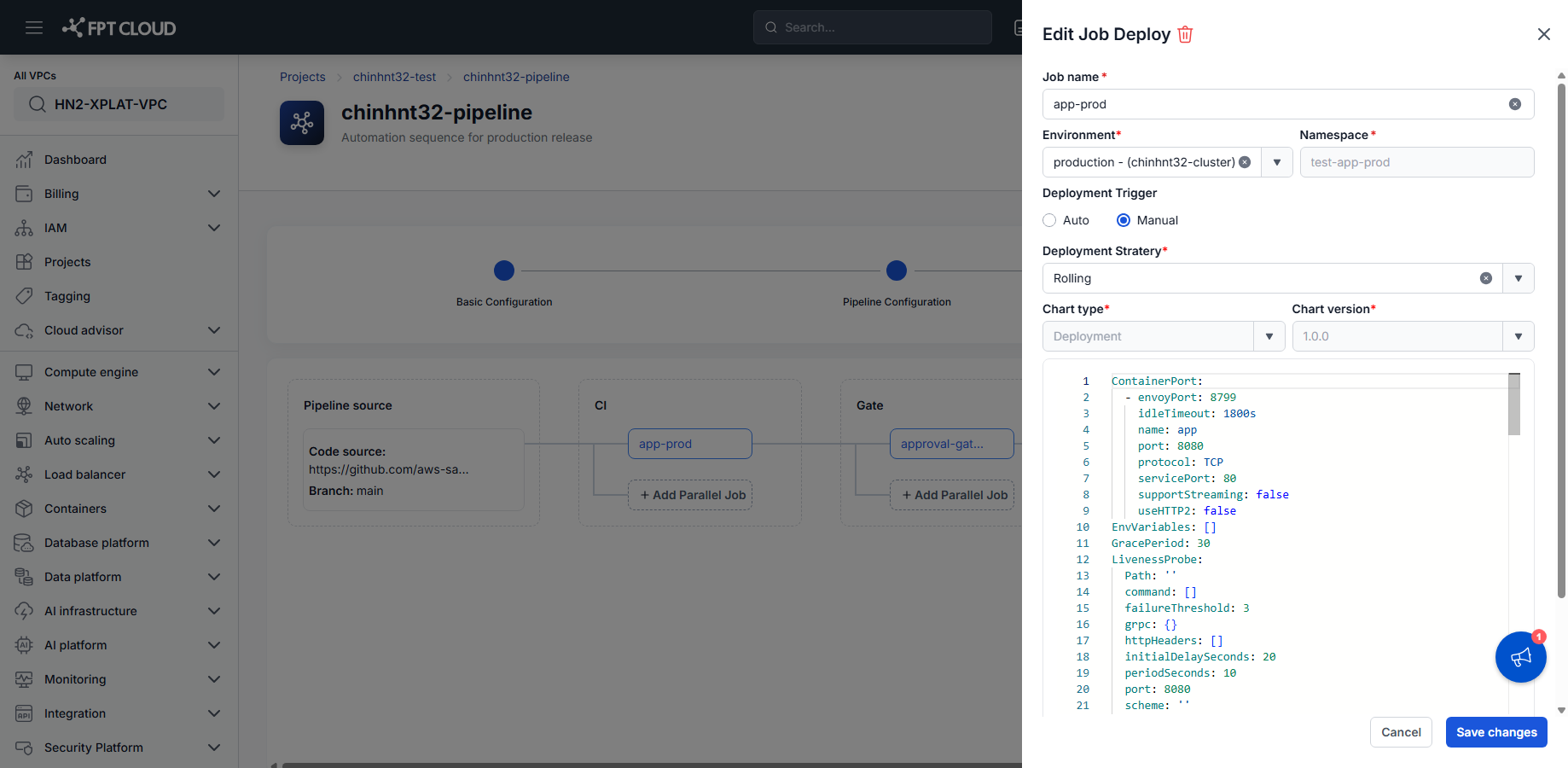Edit Job Deploy panel
