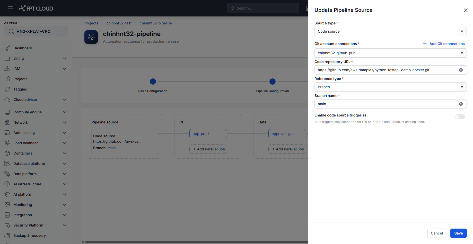 Update Pipeline Source panel