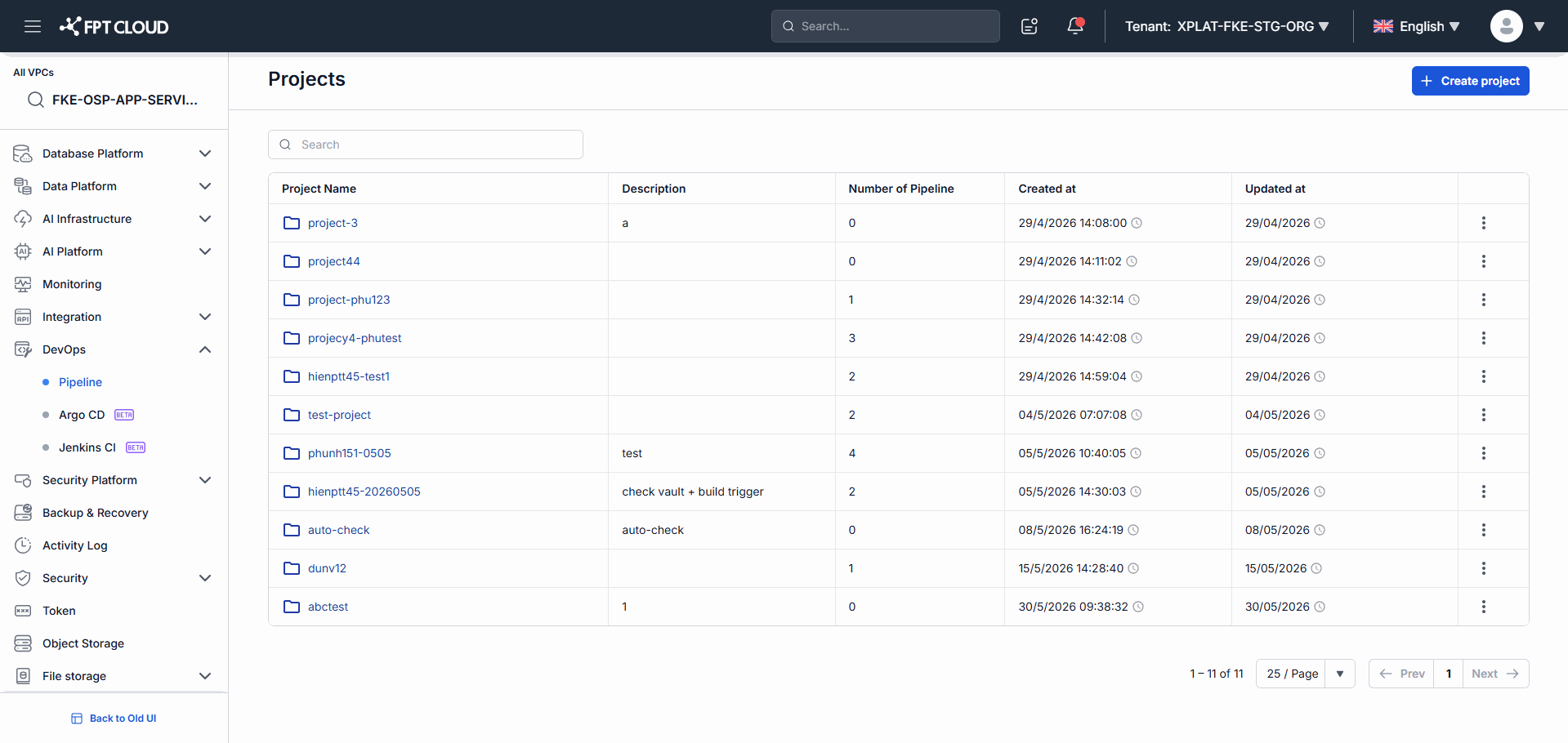 Project list screen