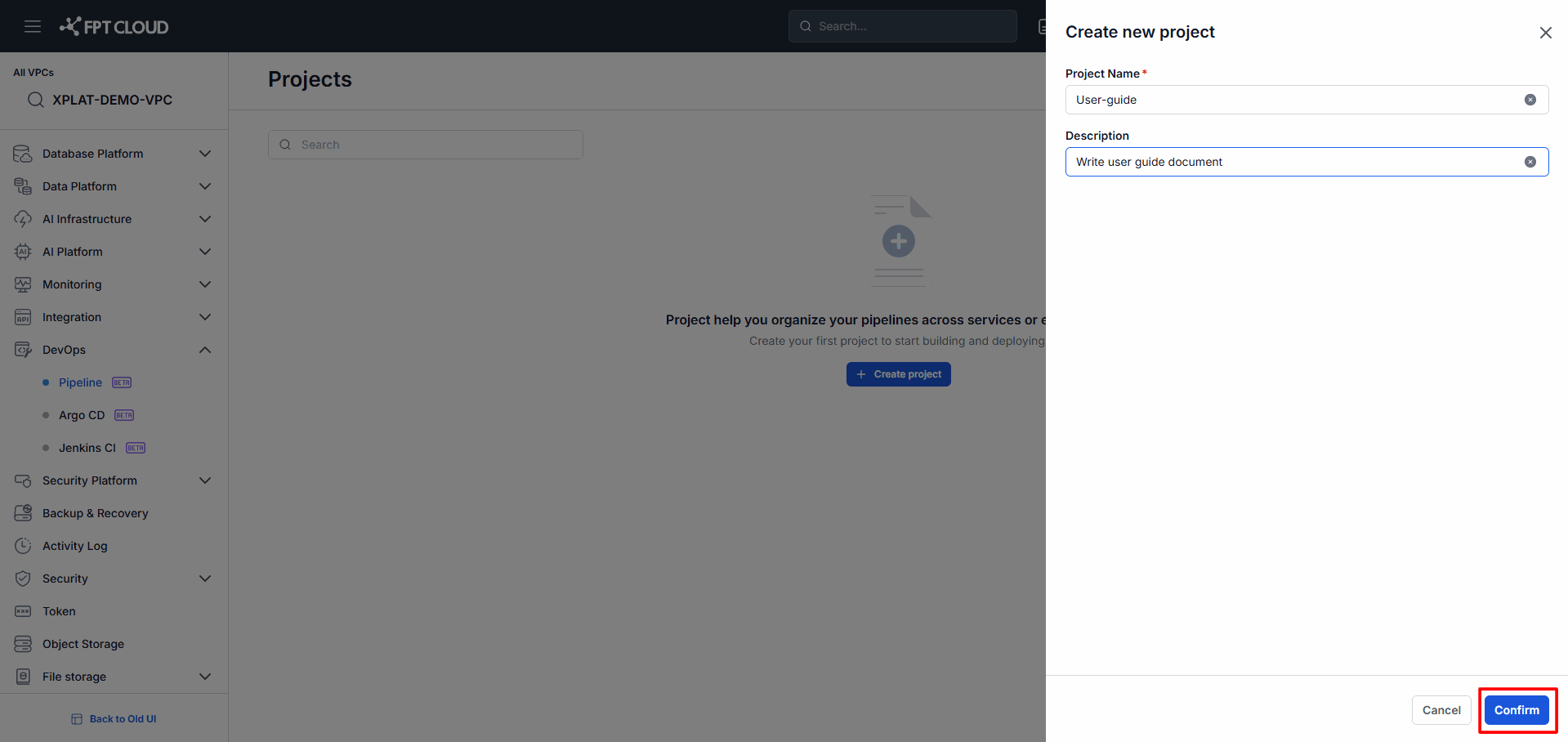 Create project confirmation dialog