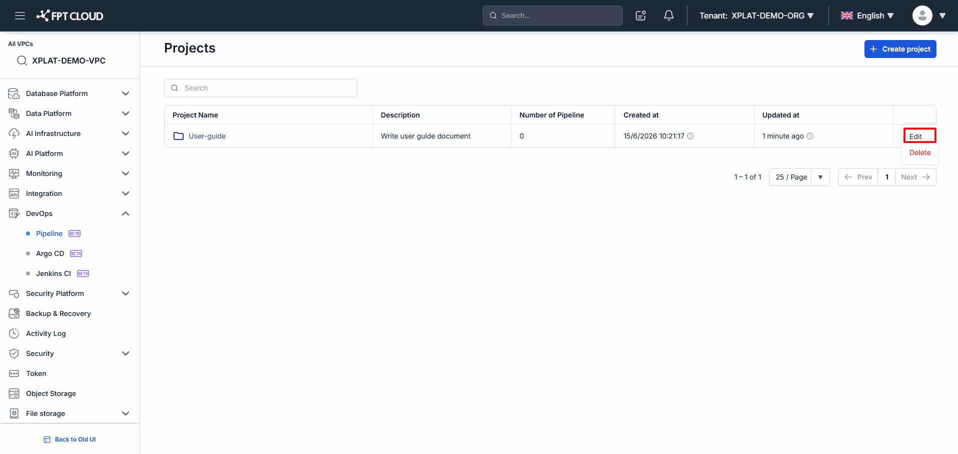 Project Actions menu with Edit option