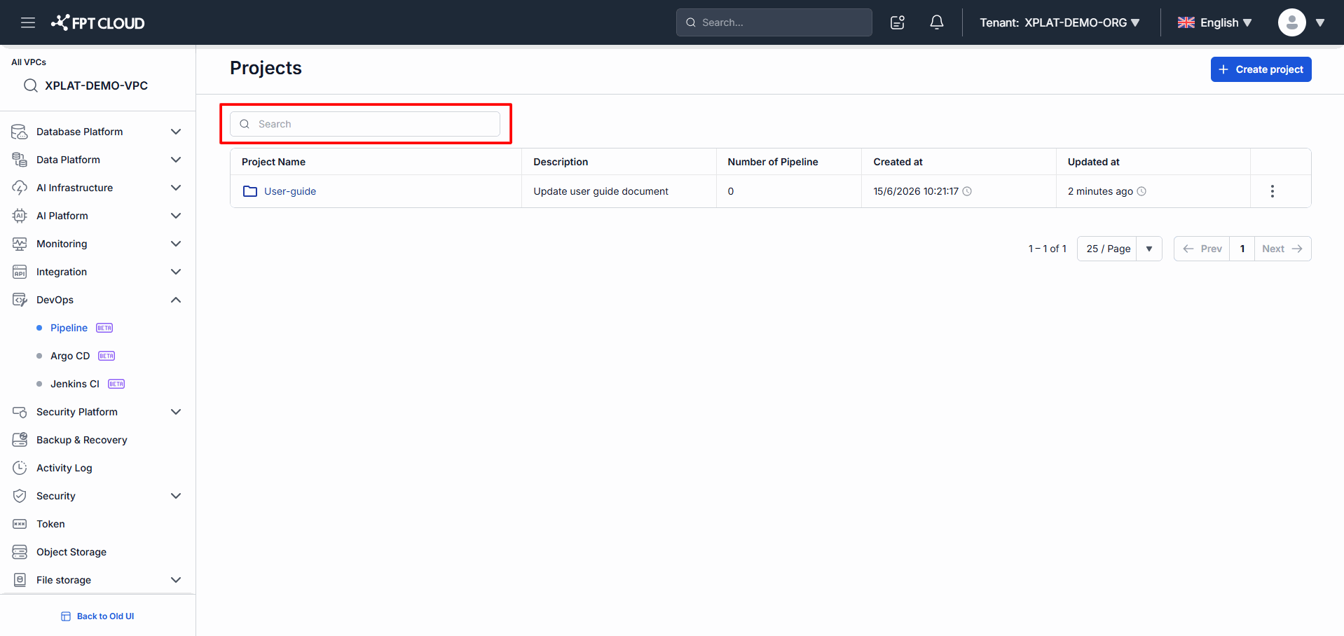 Project search box