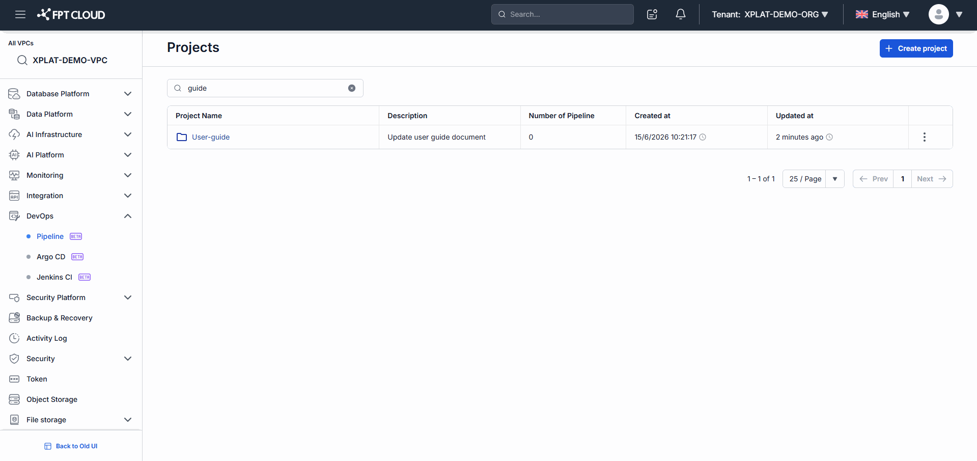 Project search results