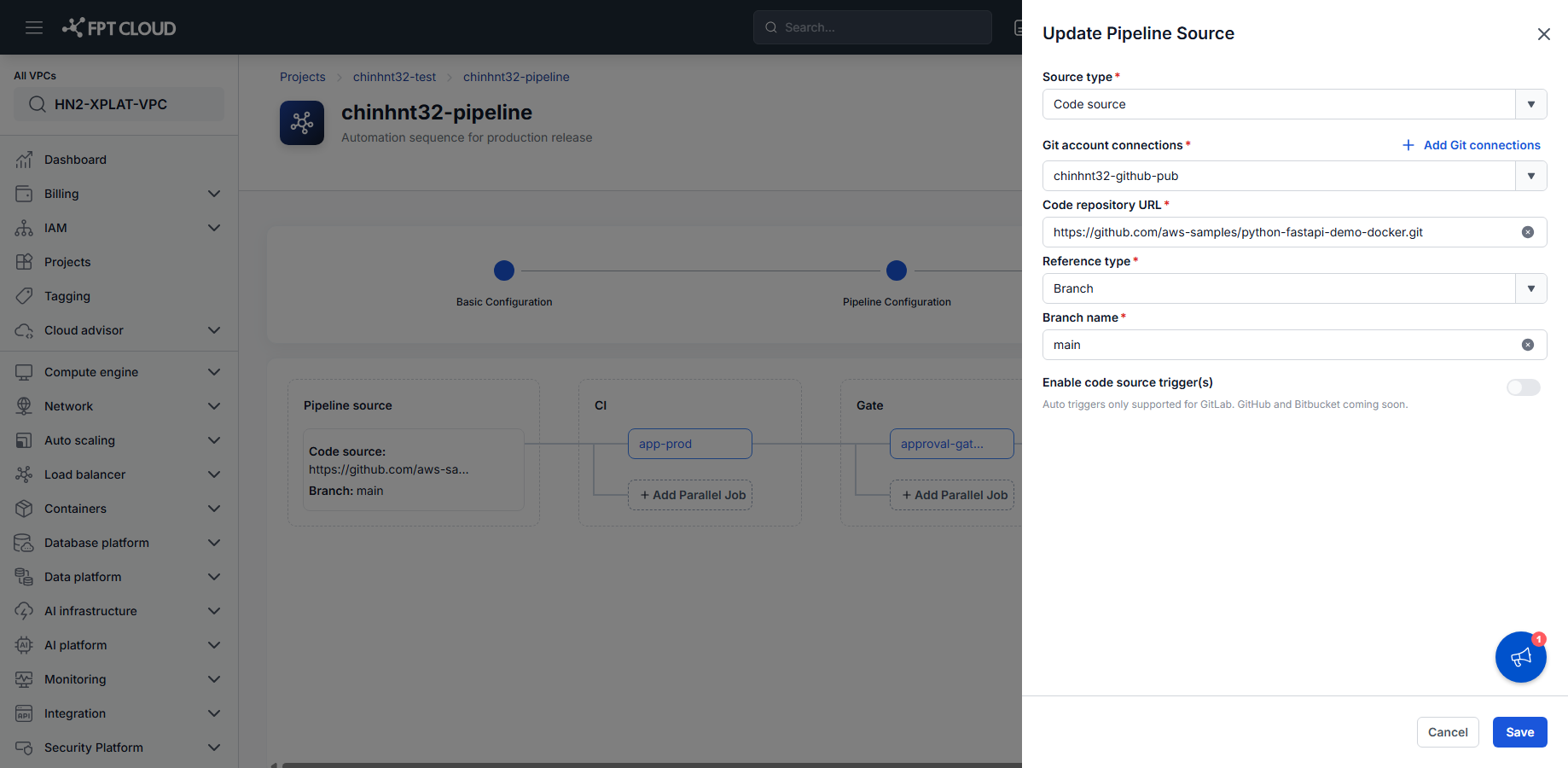 Update Pipeline Source with trigger enabled