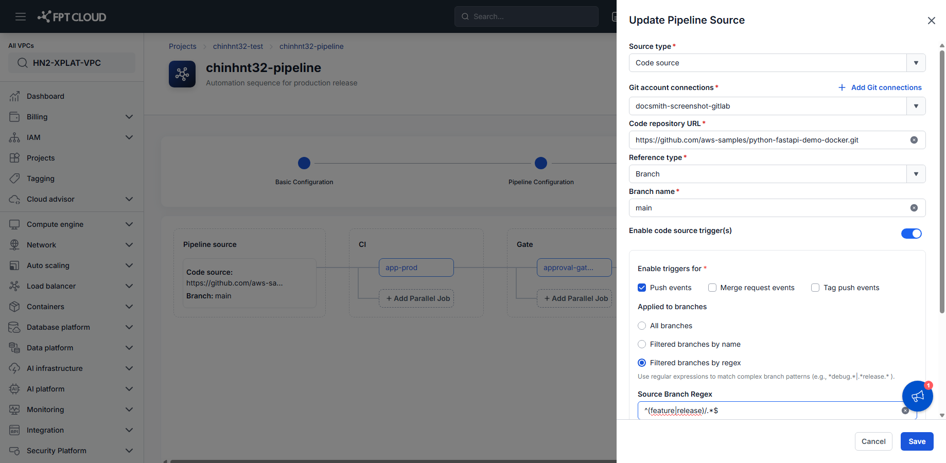 Filtered branches by regex