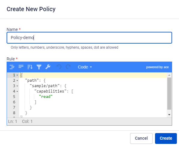Name と Rule フィールドのある Policy 新規作成フォーム
