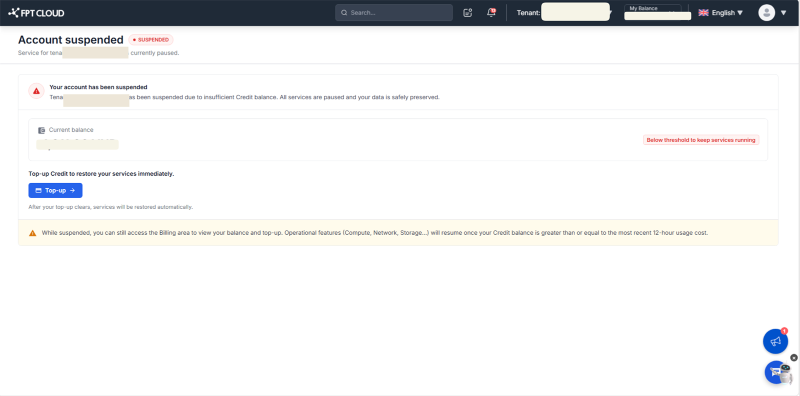 Top up ボタンがある Account suspended ページ