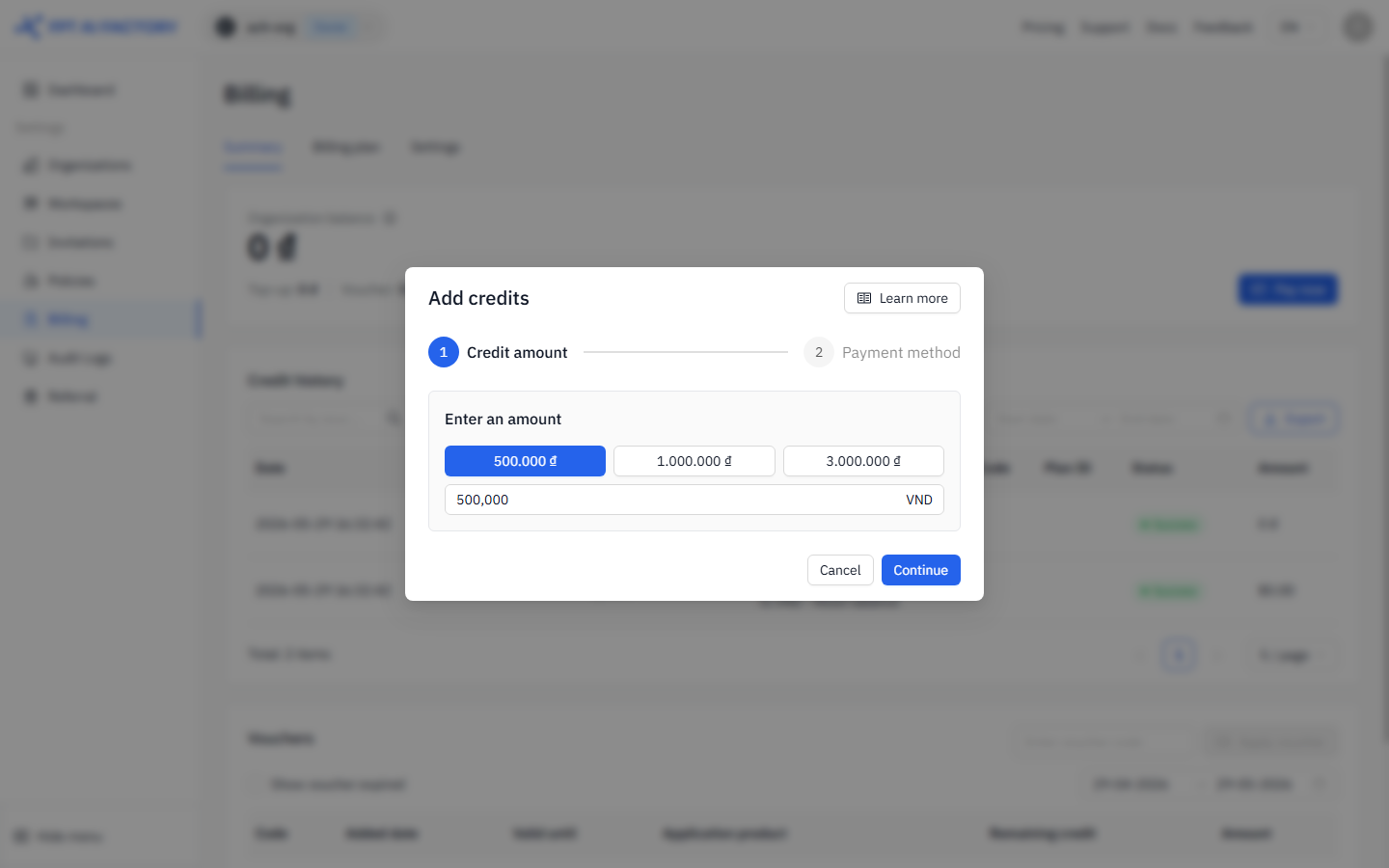 Add credits dialog — Step 1: choose amount