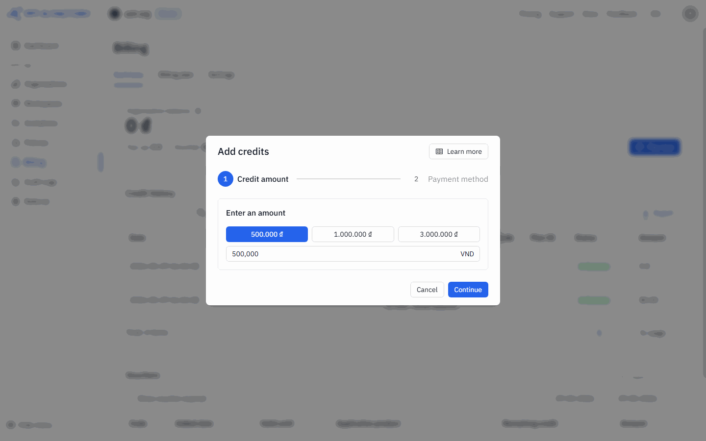 Add credits dialog — Step 1: choose amount