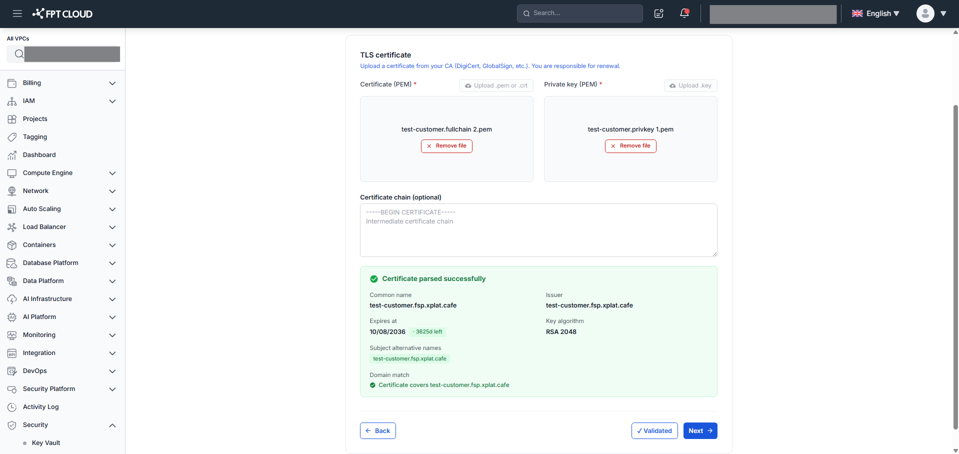 Add Domain — ステップ2: バリデーション後の証明書メタデータ