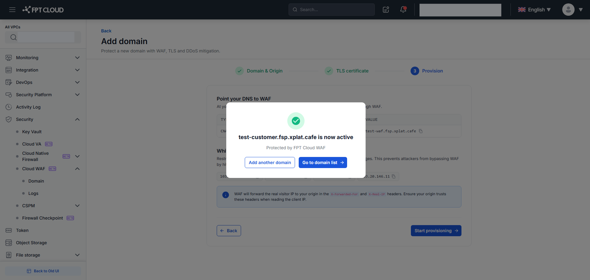 Add Domain — Provisioning成功の確認ダイアログ
