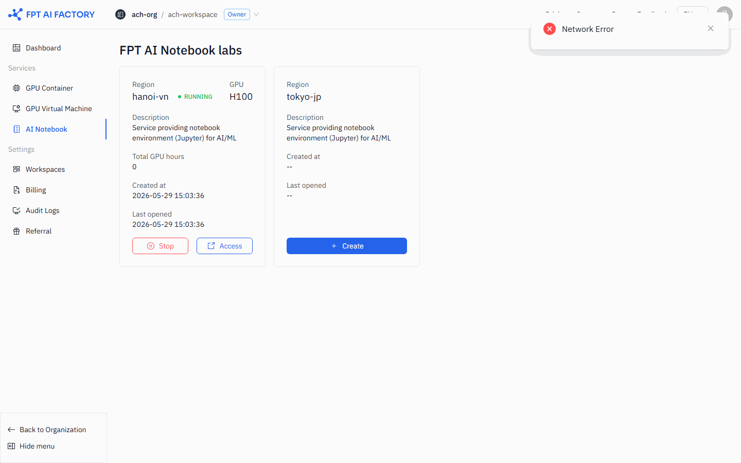 The AI Notebook list page