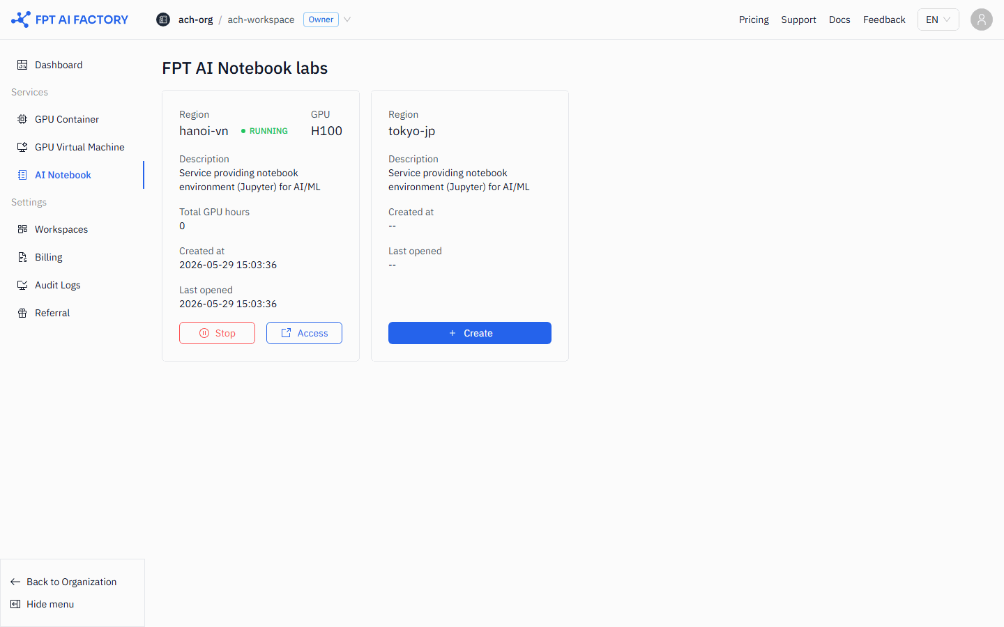 A notebook card in Running status with the Access button