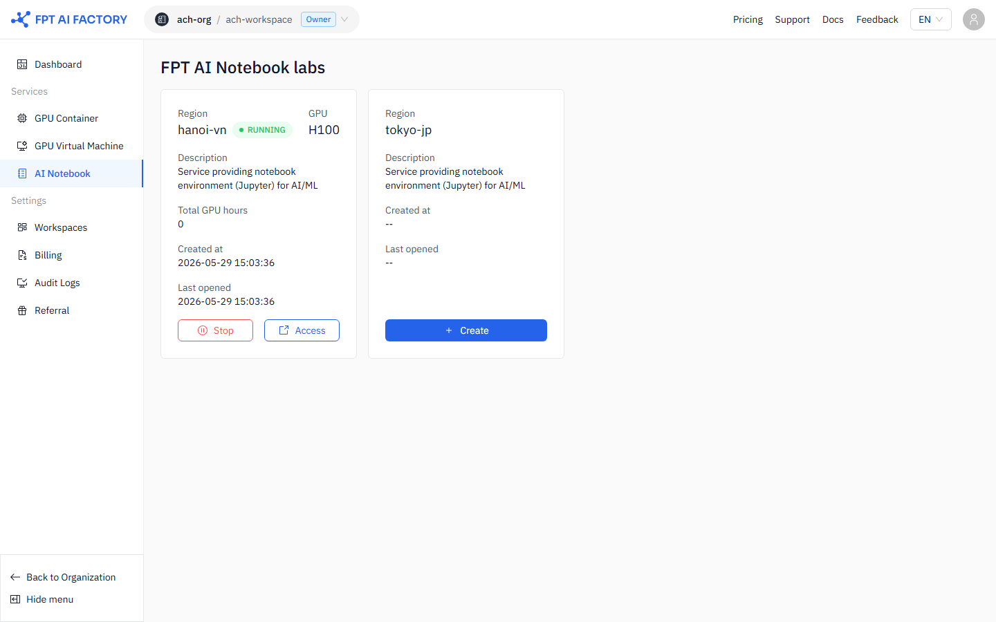 A notebook card in Running status with the Access button