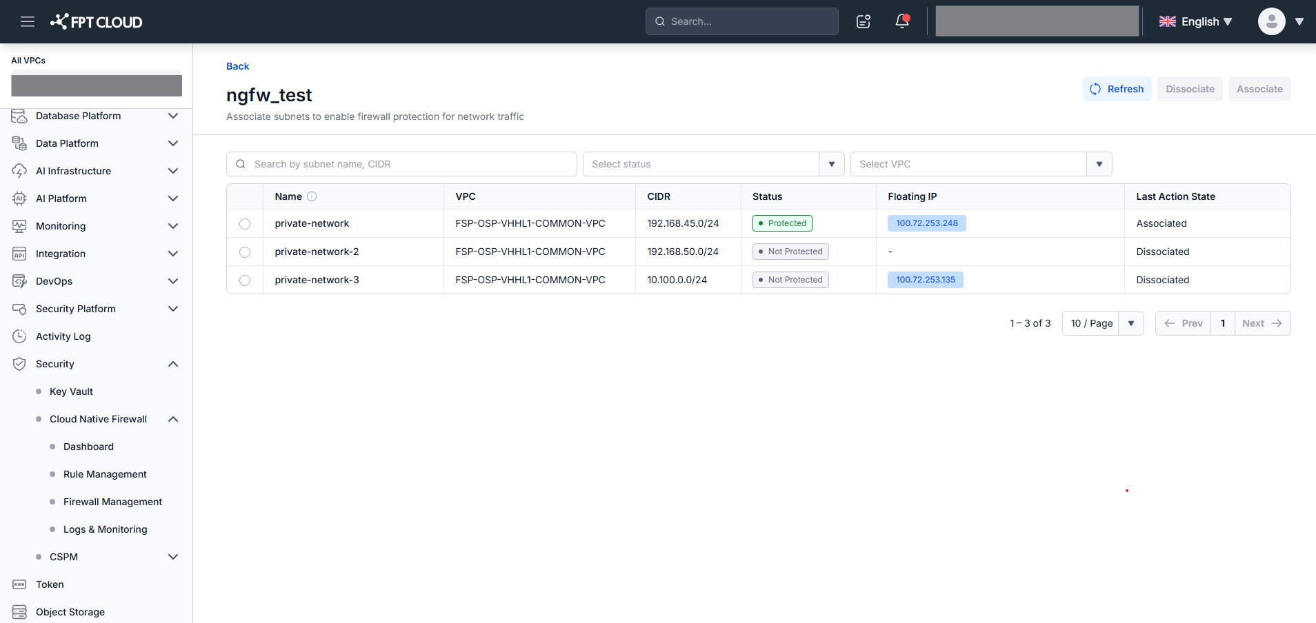 Associate Subnet screen