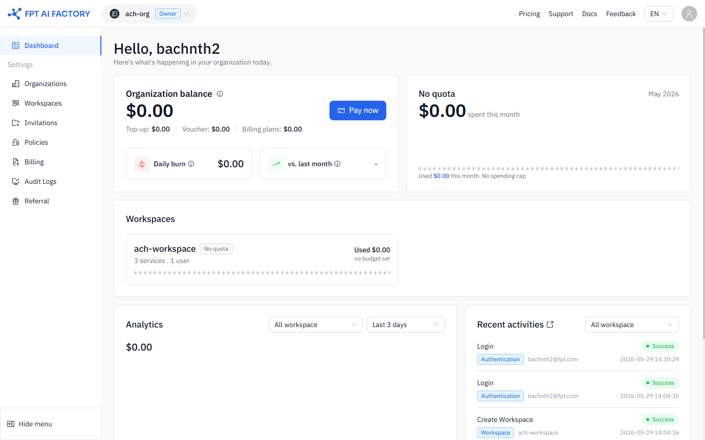 Billing overview showing organization balance