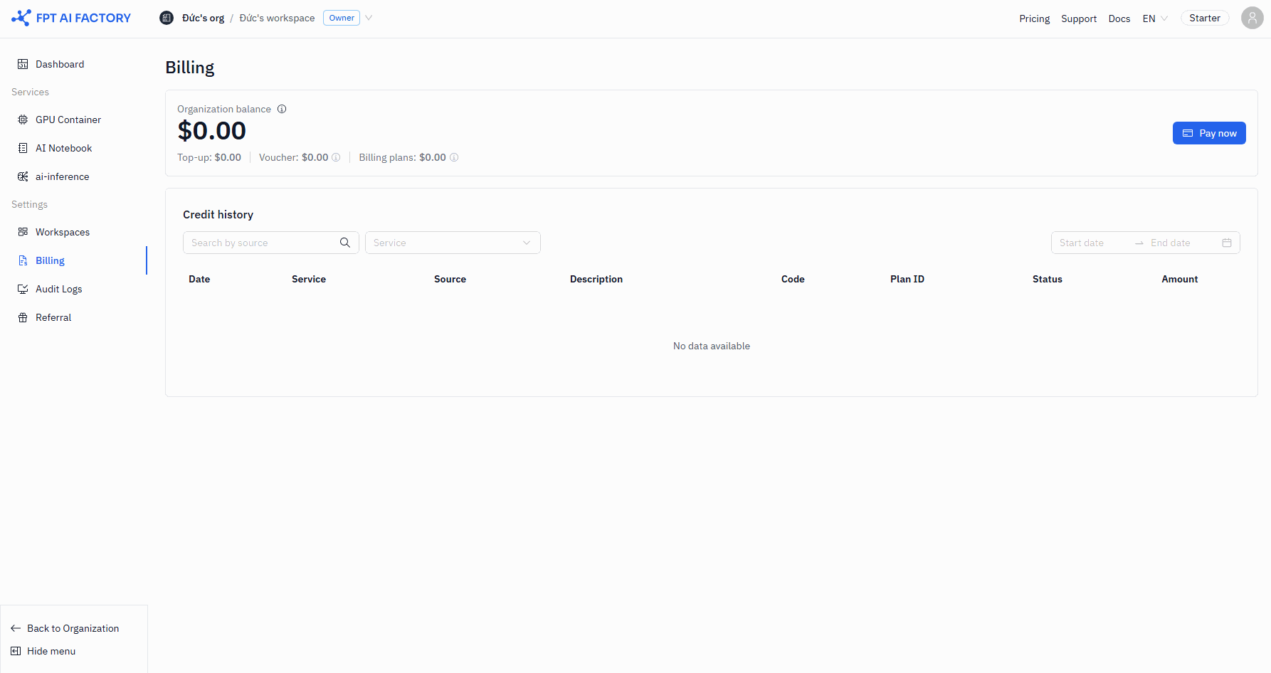 Billing overview showing organization balance