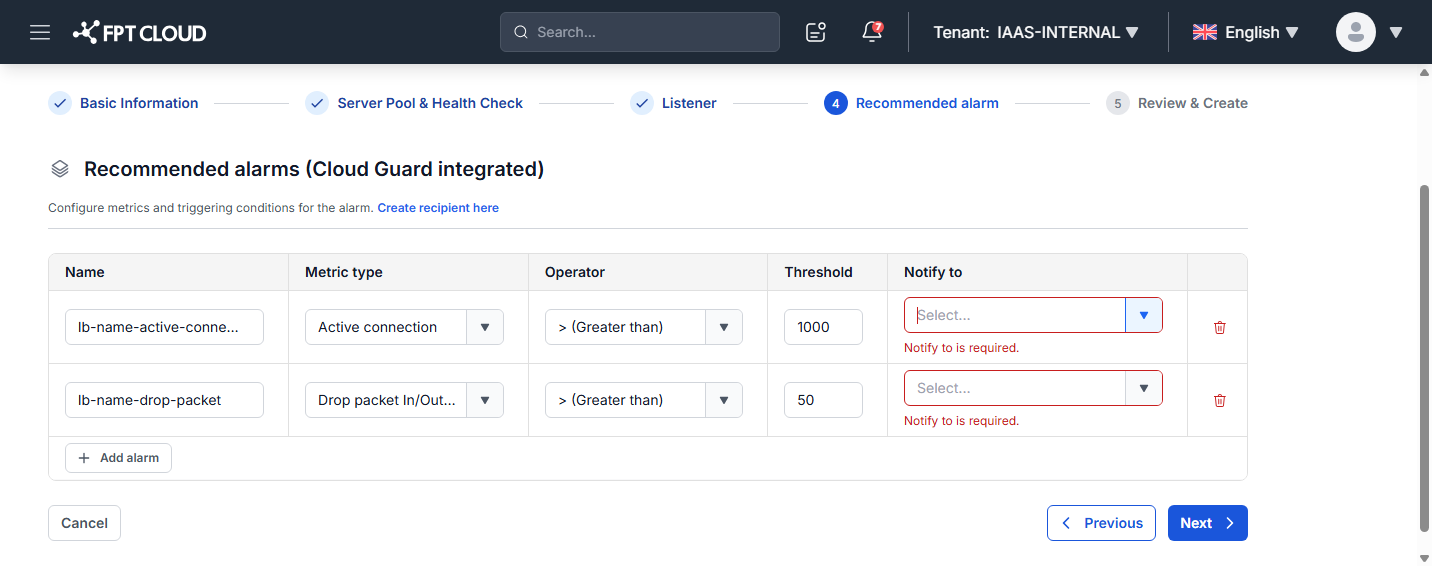 Create Load Balancer - Recommended alarm