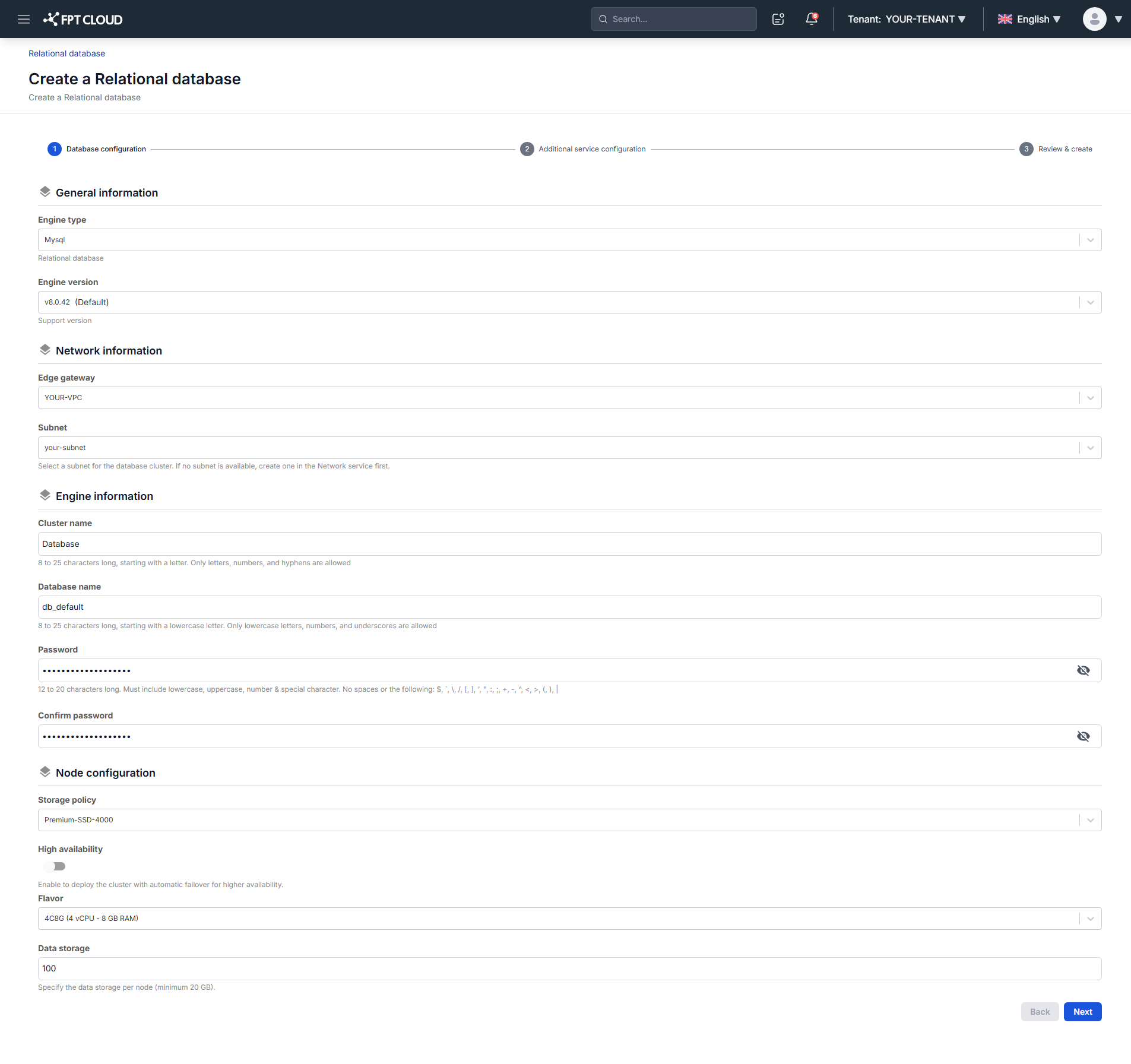 engine、network、node の構成を含むプロビジョニング wizard のステップ 1