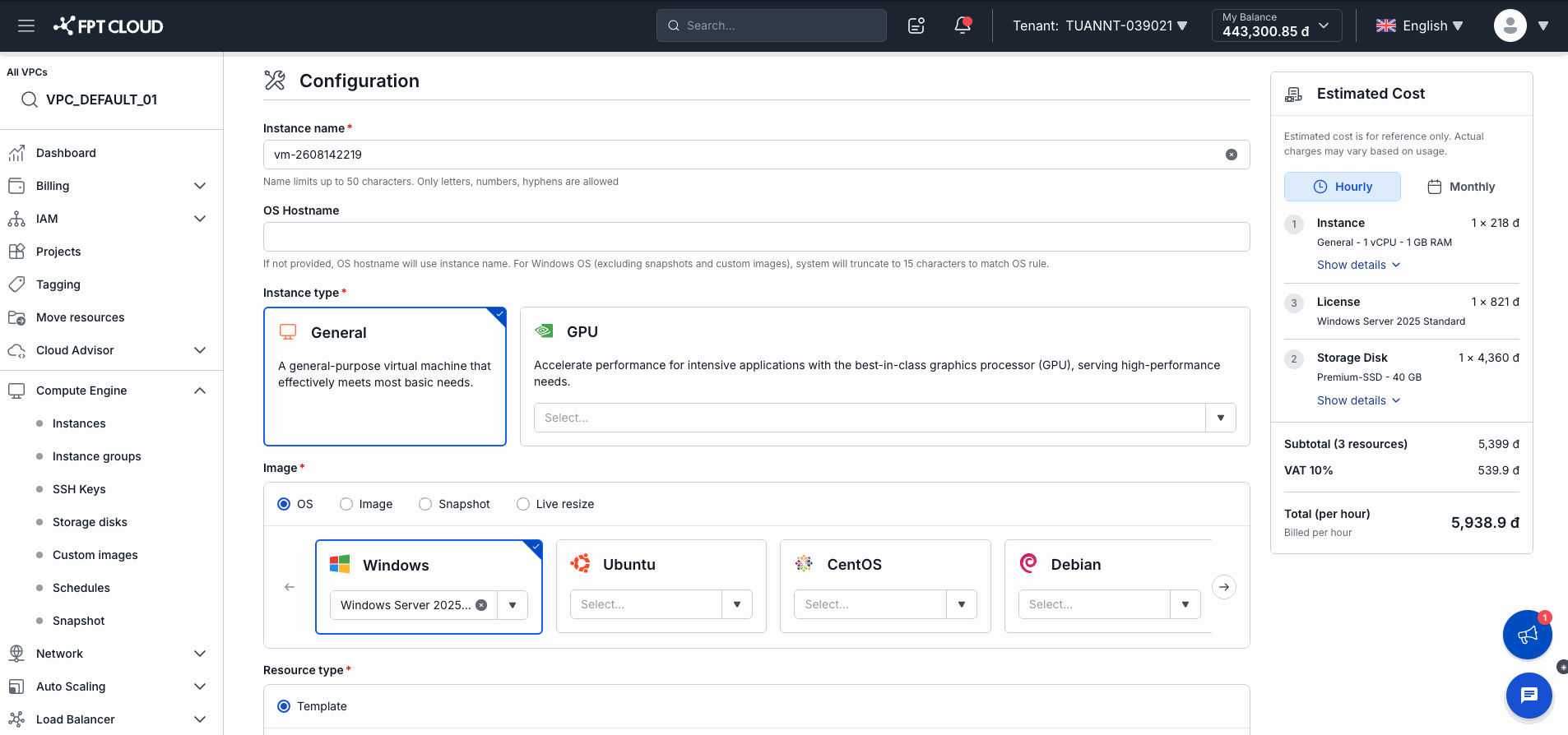 Estimated CostパネルがあるInstance Configurationページ
