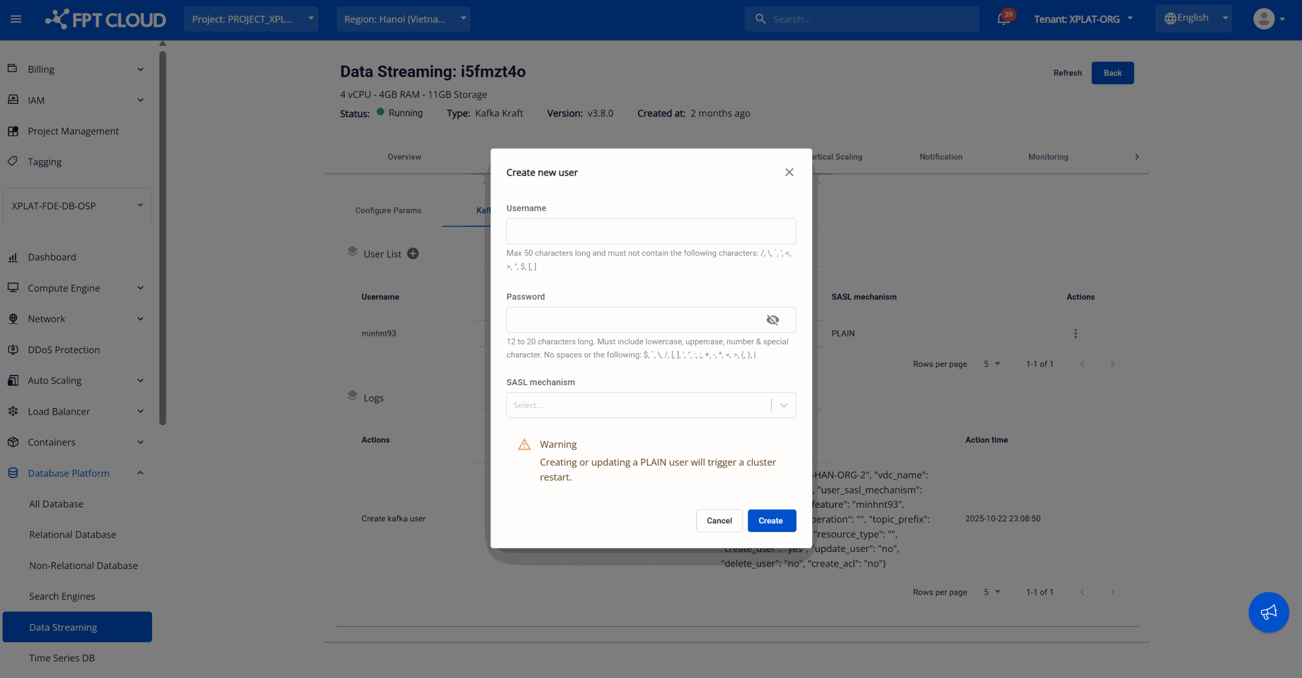 username、password、SASL mechanism の項目がある user 作成ダイアログ
