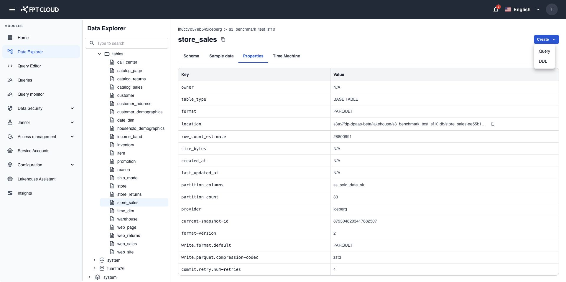 Query と DDL の選択肢が表示された Create メニュー