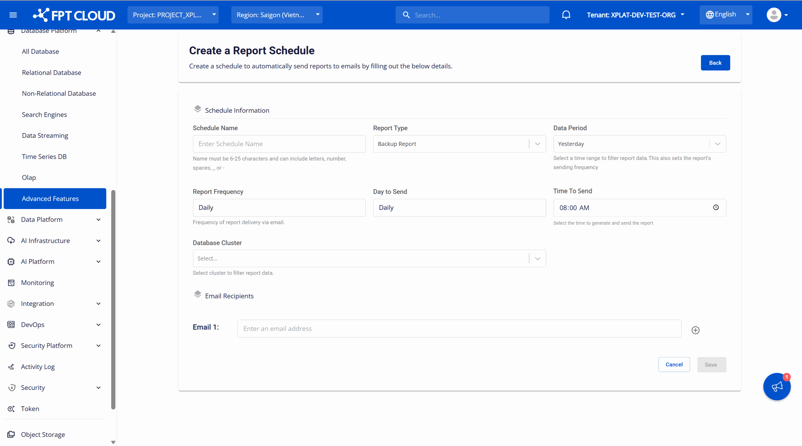 Add a Report Schedule フォーム