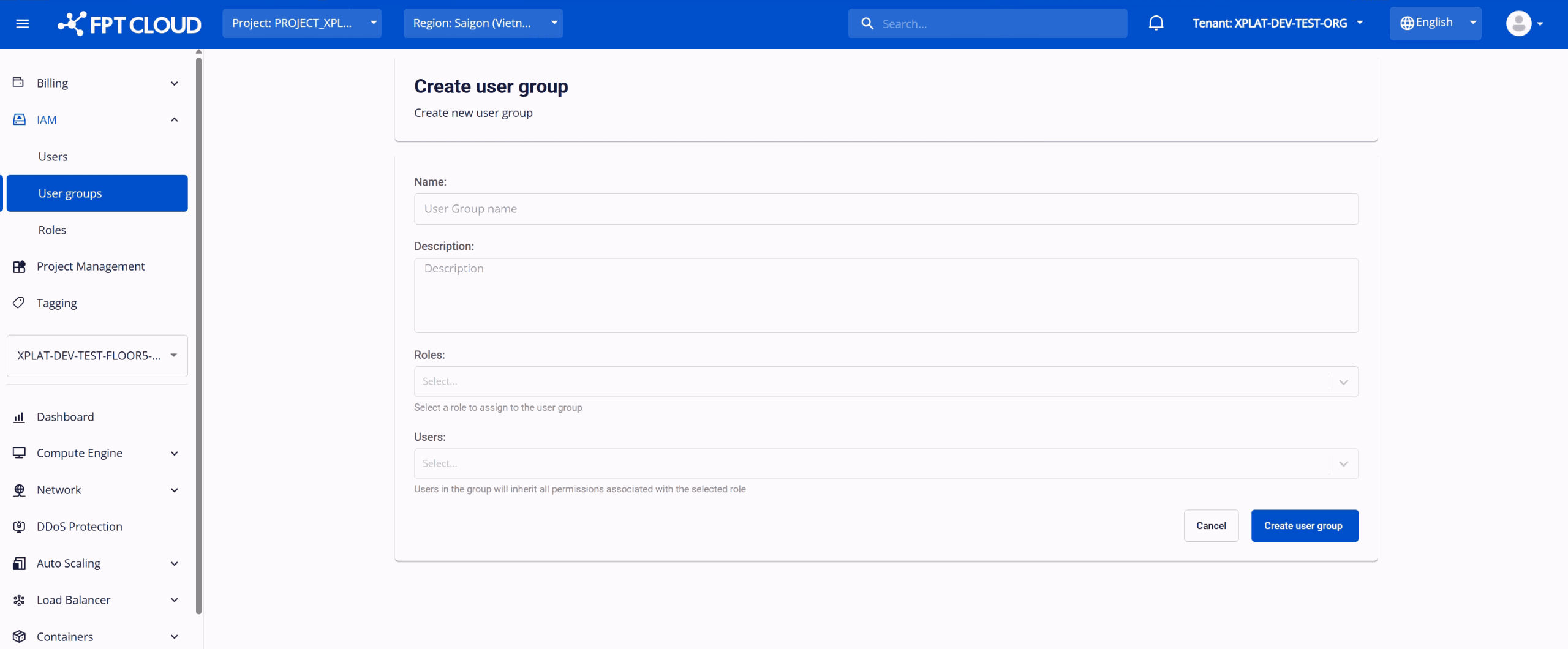 名前、説明、role、user の項目がある Create user group フォーム