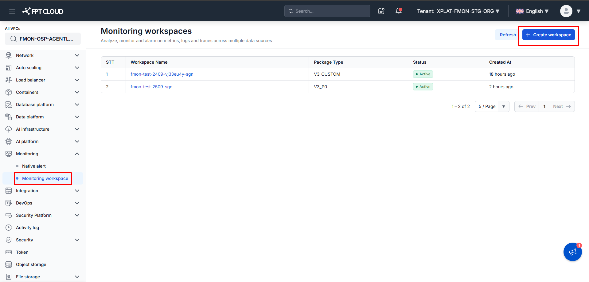 Create workspace button on the Monitoring workspace screen