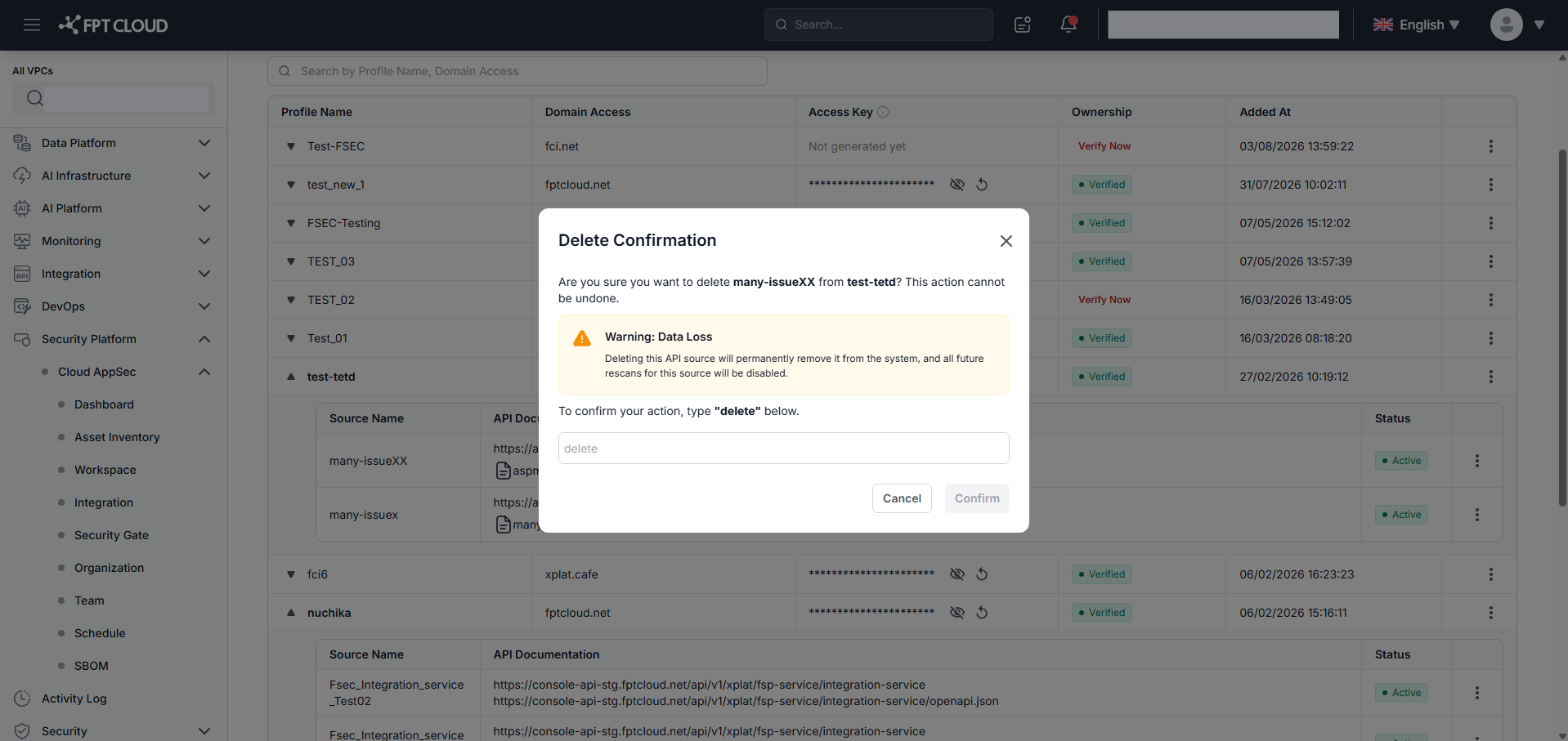 DAST API — Delete API Source確認
