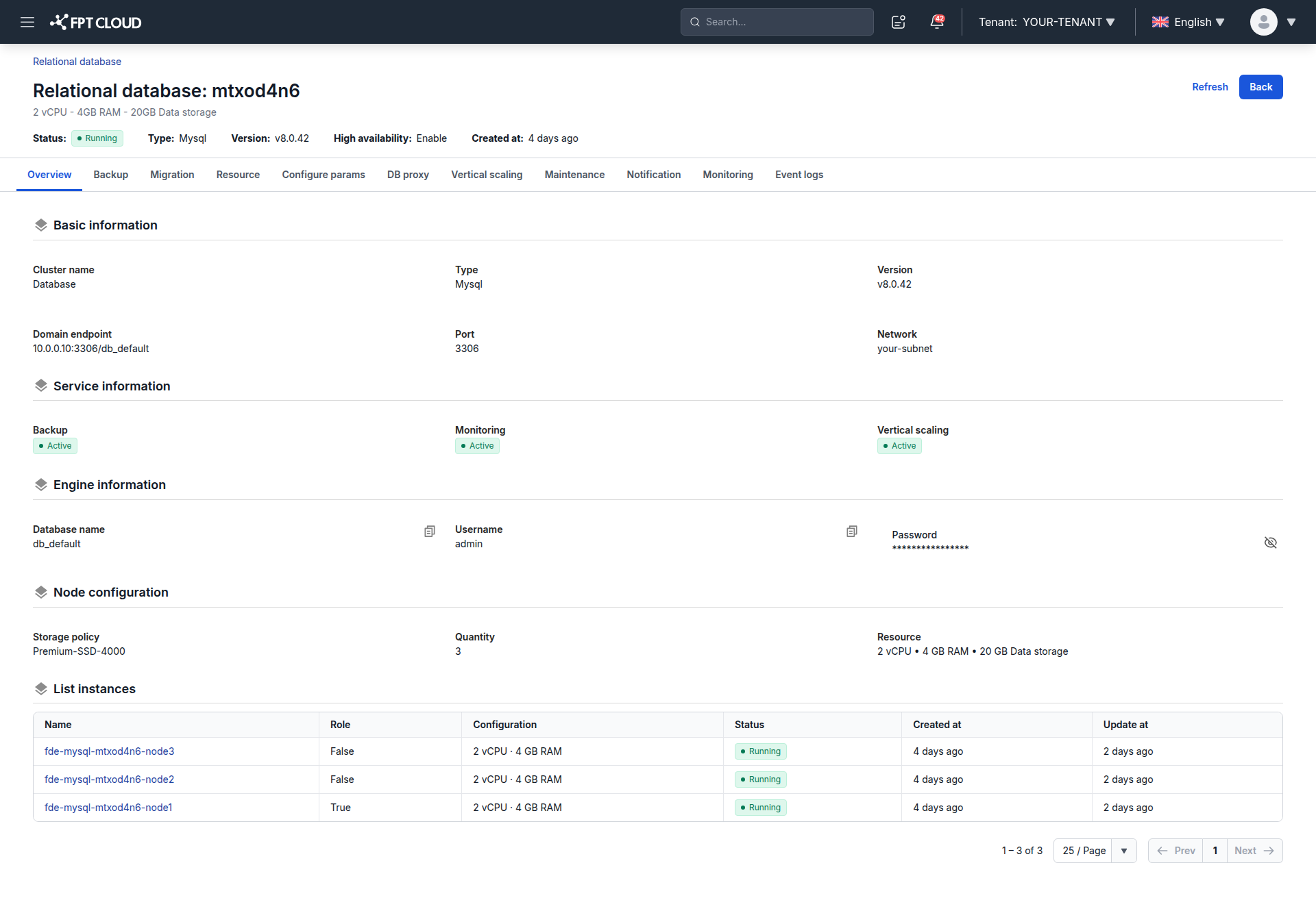 ヘッダー、基本情報、node 構成を表示している cluster の Overview タブ