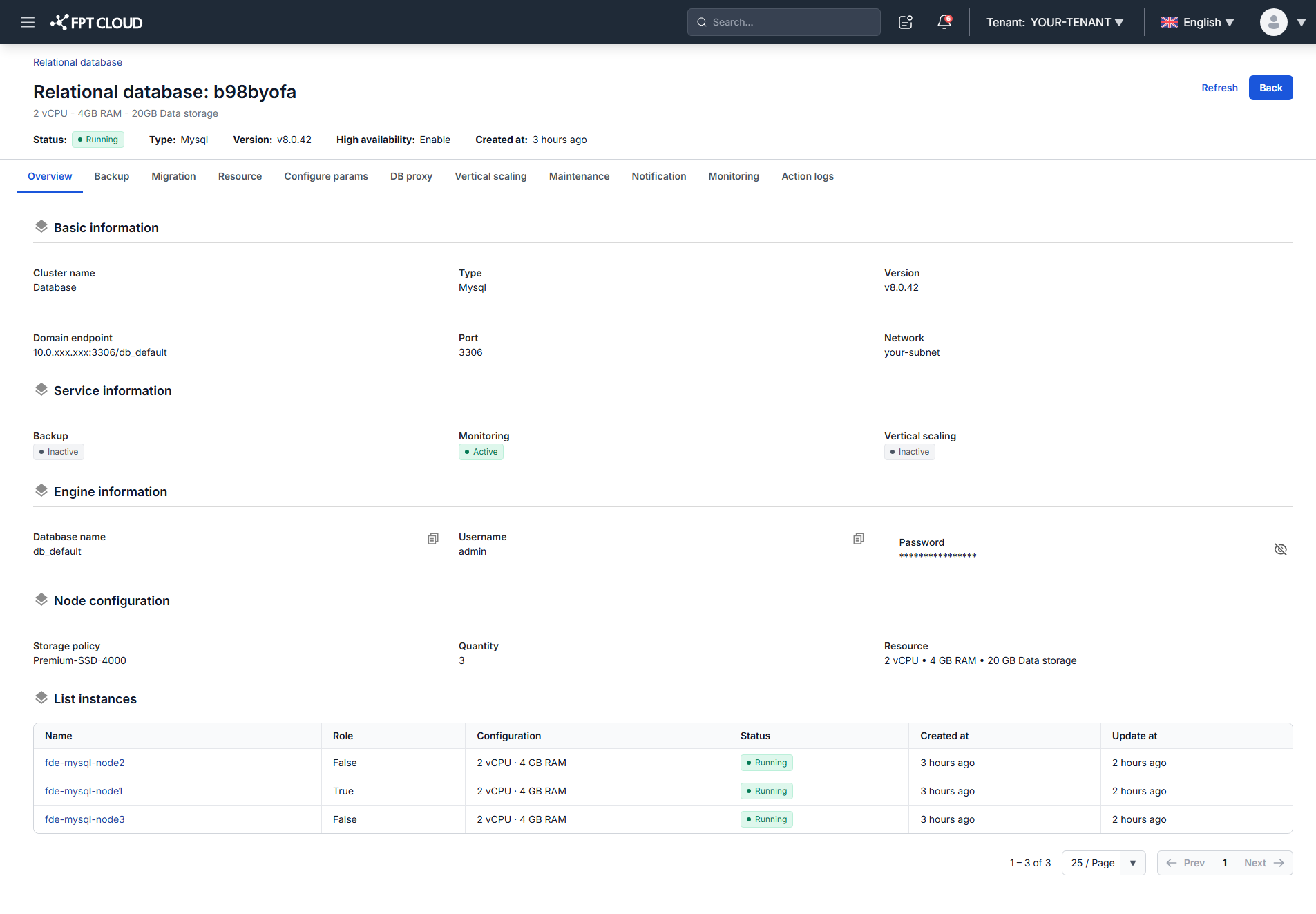 endpoint、ポート、認証情報を表示している database の Overview タブ