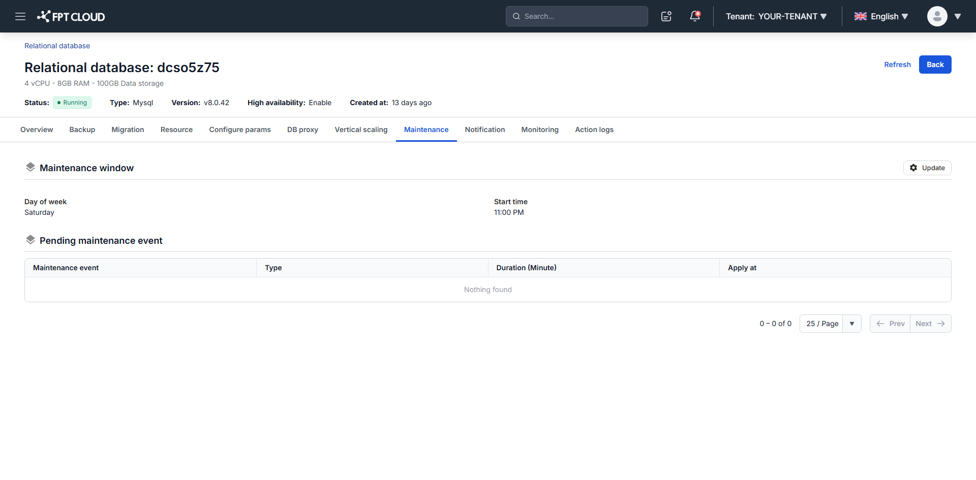 設定済みの時間帯を表示している Maintenance タブ