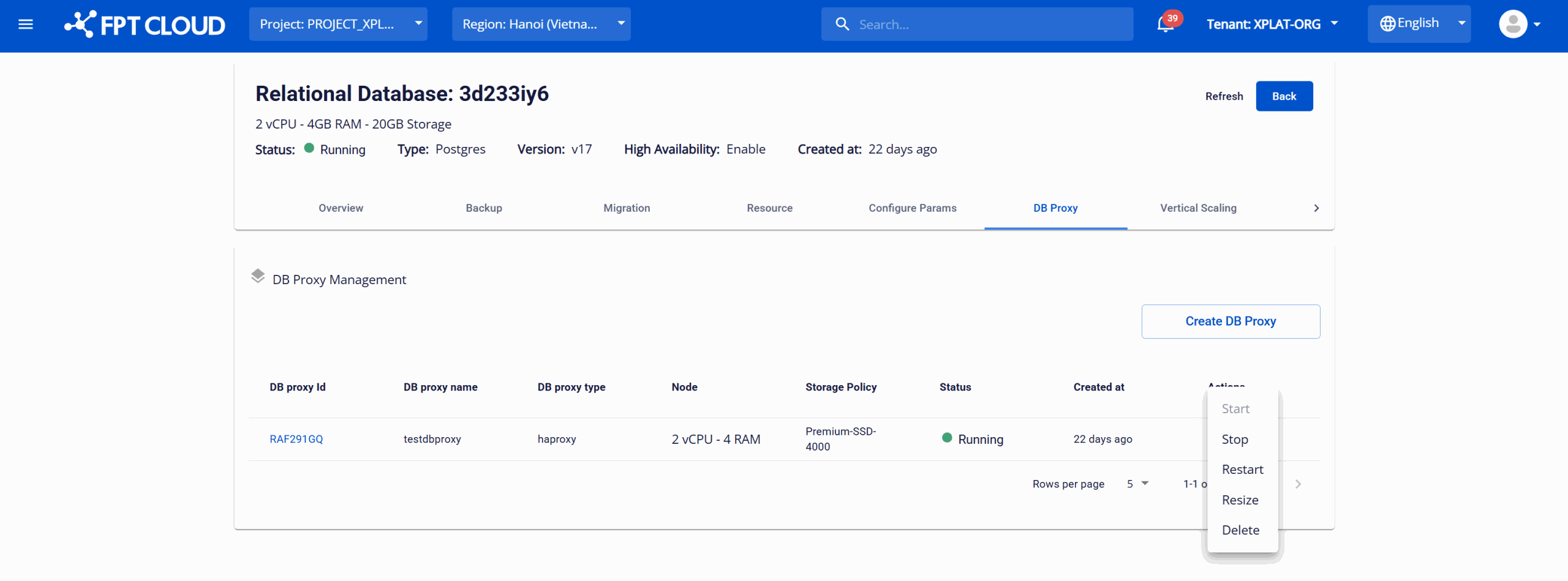 More actions メニューを開いた DB Proxy の一覧