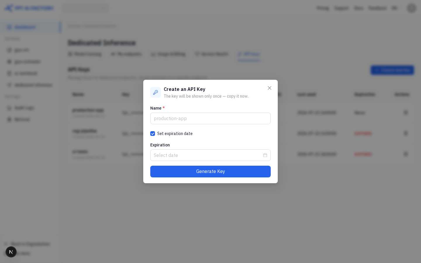 Create an API Key dialog