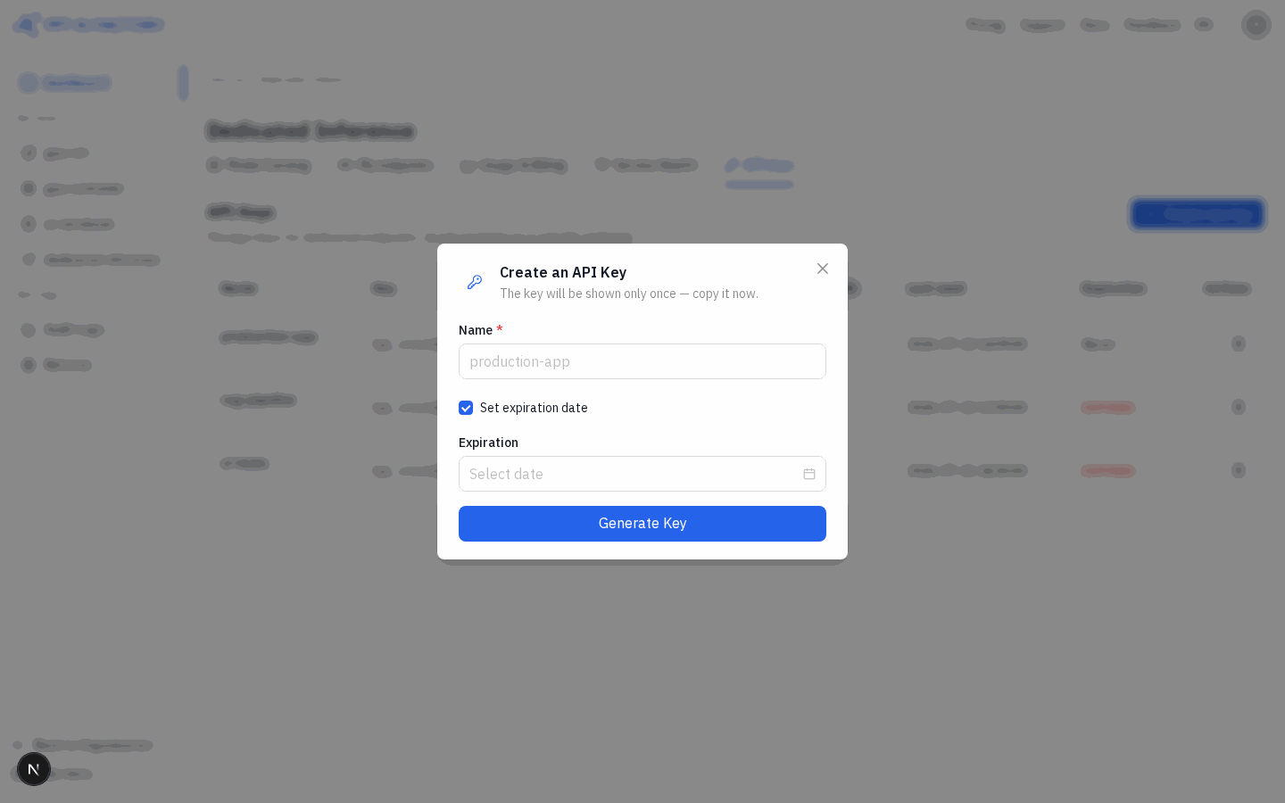 Create an API Key ダイアログ