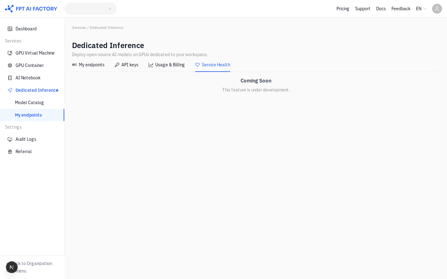 Service Health tab — coming soon placeholder