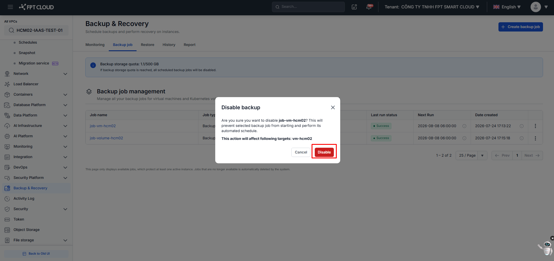 Disable backup の確認ダイアログ