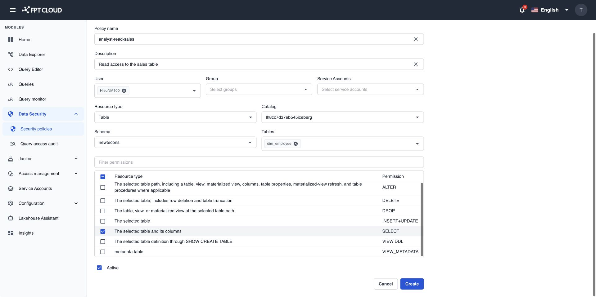 ユーザー、リソース、権限テーブルを入力した Create access policy フォーム