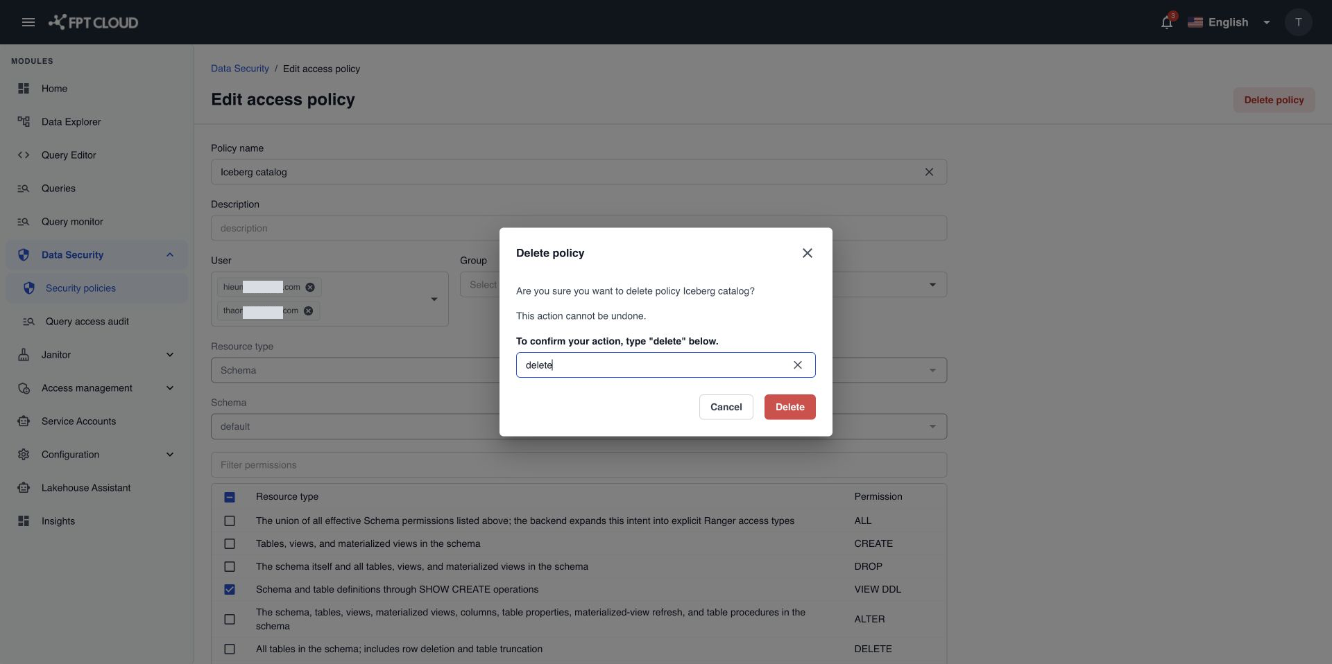 確認のために delete と入力するよう求める Delete policy ダイアログ