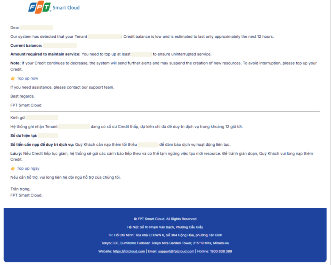 Warning level 1 のメール — Credit 残高が少なく、使用量の約 12 時間分が残っている
