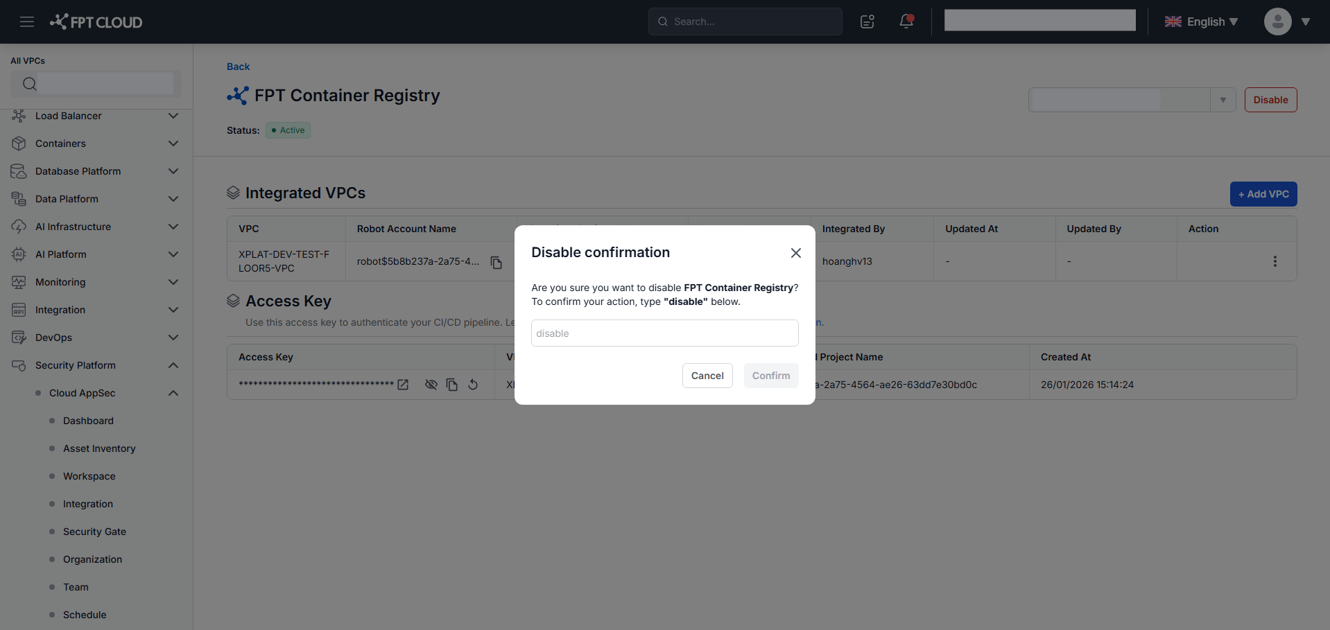FPT Container Registry — 無効化確認